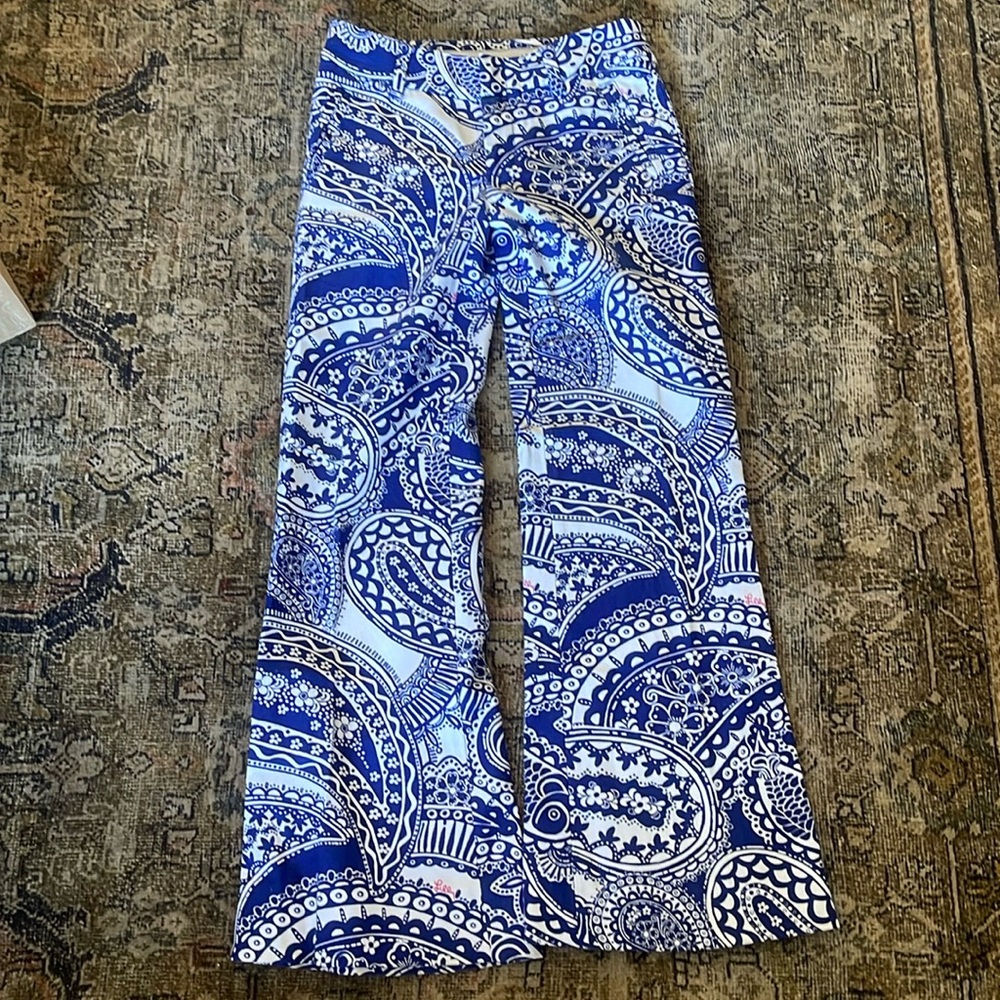 Lilly Pulitzer Royal Blue & White Paisley Wide Leg Boho Pants Women’s size 0